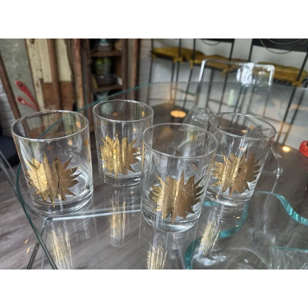 Vintage Culver Celestial Gold Sun Moon Stars Rocks Glasses Set of 4 MCM